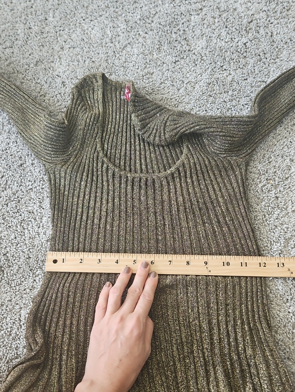 STAUD Gold Metallic Ribbed Long-Sleeve Fit-and-Flare Mini Dress L - Picture 7 of 11